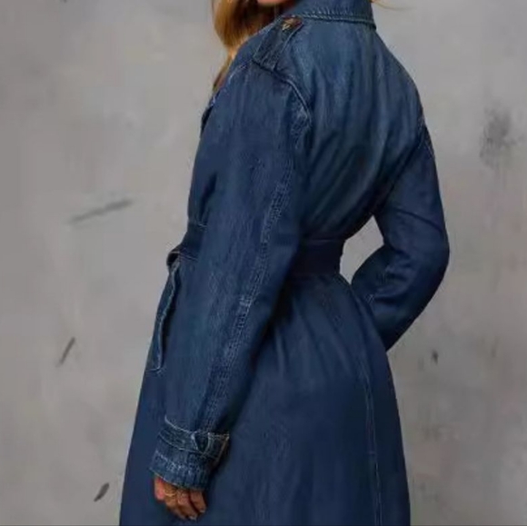Denim Trench Coat Double Breasted Button-Up Collared Longline Belt Jean Jacket - Picture 7 of 12